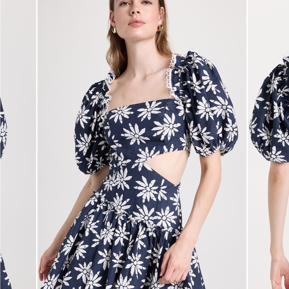 En Saison White and Blue Cut Out Puff Sleeve Mini Dress